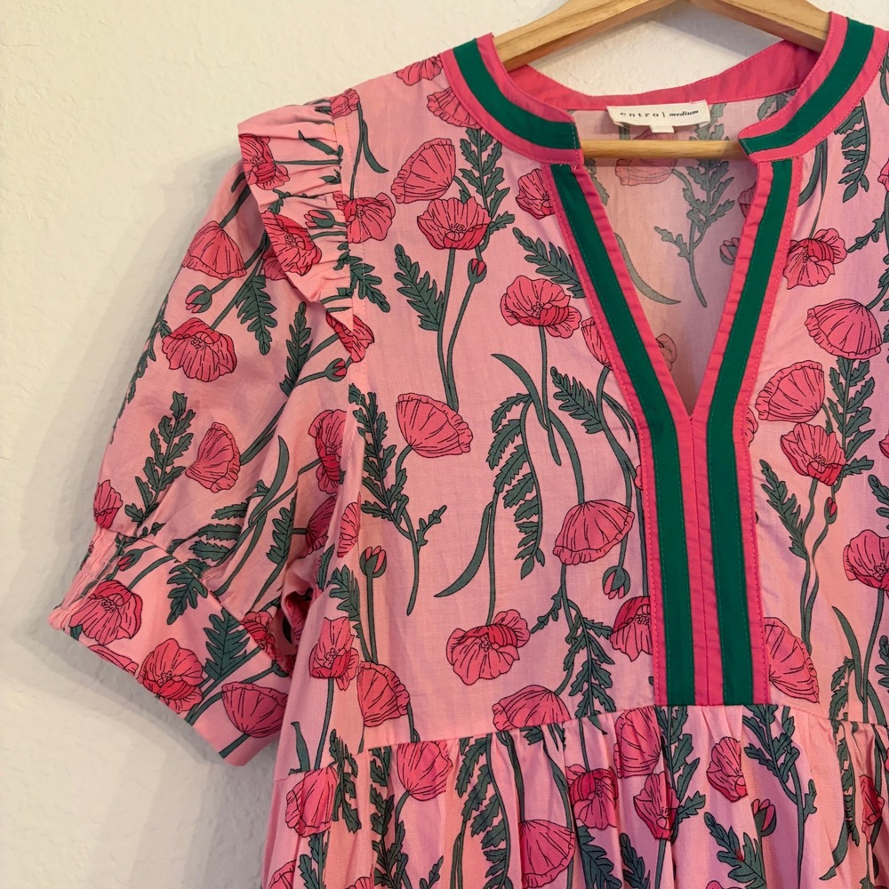 Entro Poppy Floral Midi Dress M Cottagecore Ruffle Tiered Preppy Cotton Pink - Picture 4 of 12
